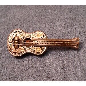 Vintage Damascene Guitar Brooch Green Enamel